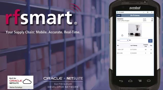 RF-SMART mobile scanning interface showing bin putaway for NetSuite