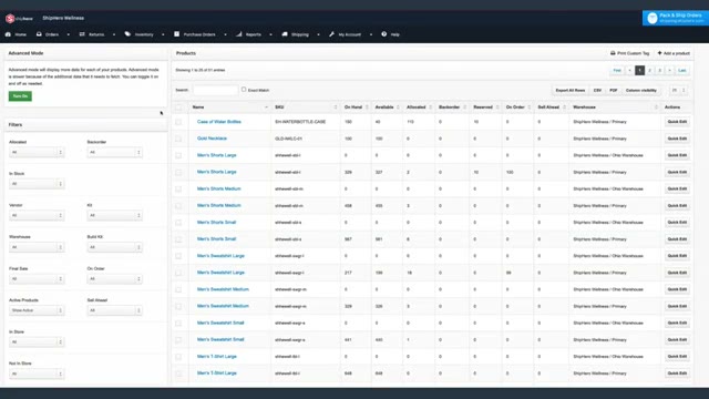 ShipHero warehouse management dashboard showing inventory and pick-pack workflow