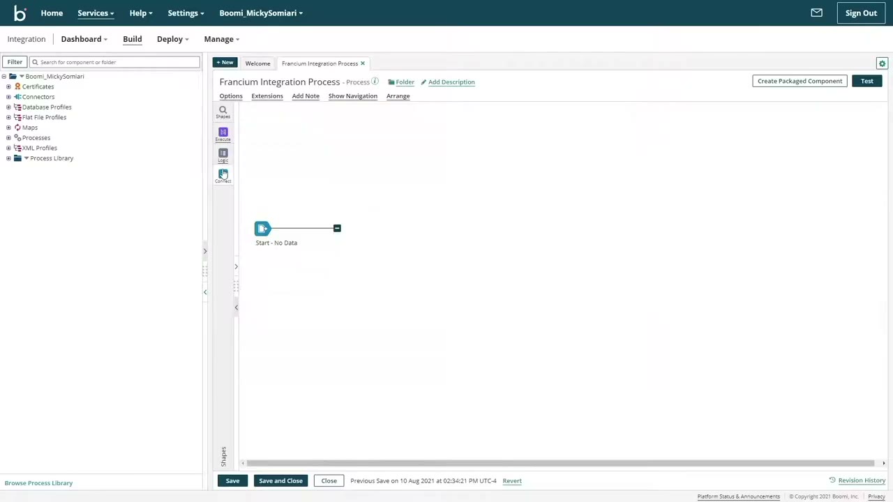 Boomi AtomSphere integration canvas showing connector shapes linked in a data integration process