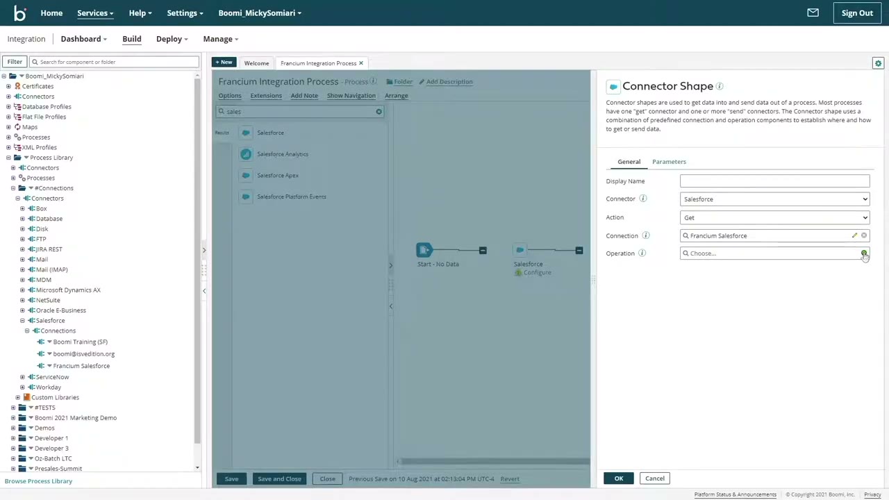 Boomi process builder with decision and data-transform steps in a multi-system integration flow