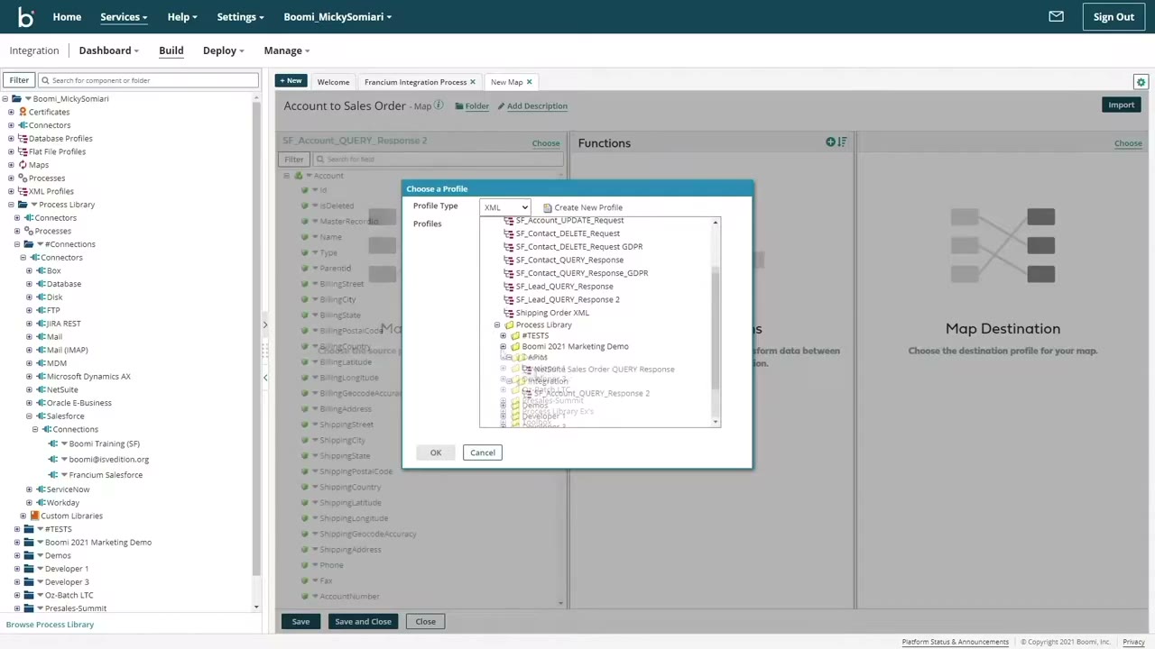 Boomi data map editor showing field-level transformation rules between source and destination schemas