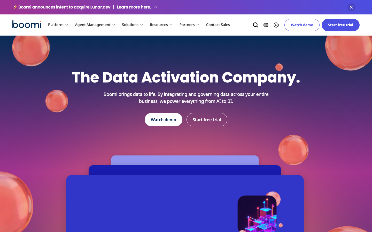 Boomi homepage showing The Data Activation Company headline with integration and AI platform visual