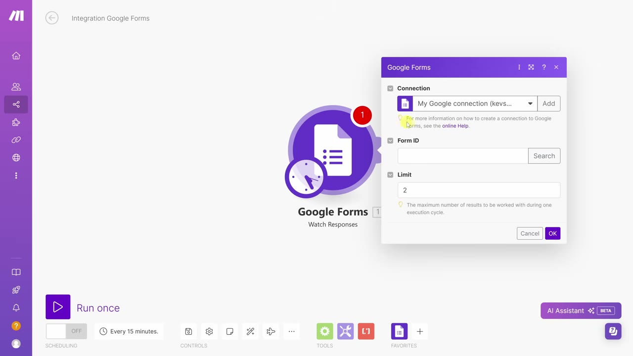 Make visual scenario canvas with multiple connected modules showing a branching automation flow