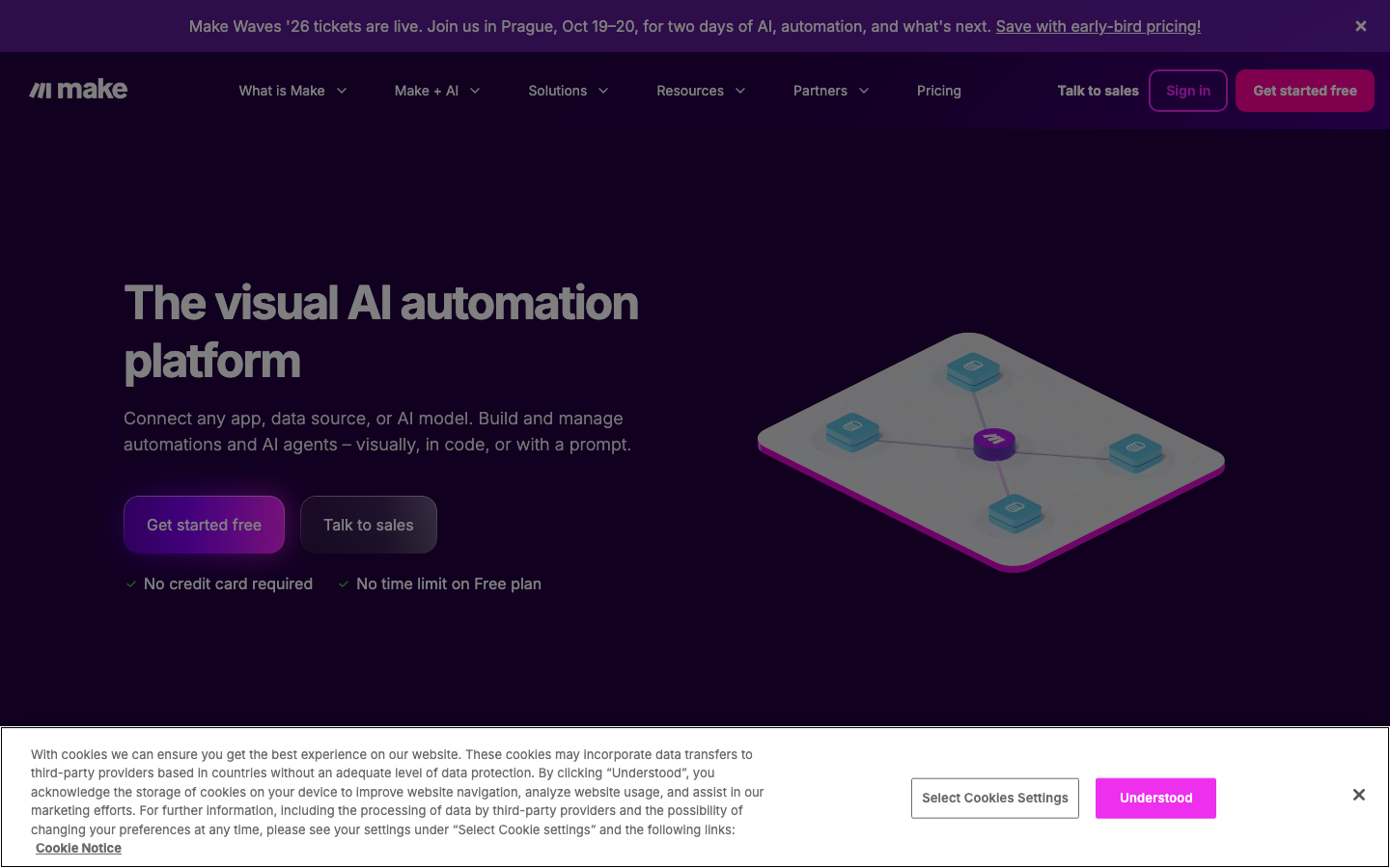 Make visual AI automation platform homepage with scenario builder diagram and dark purple UI