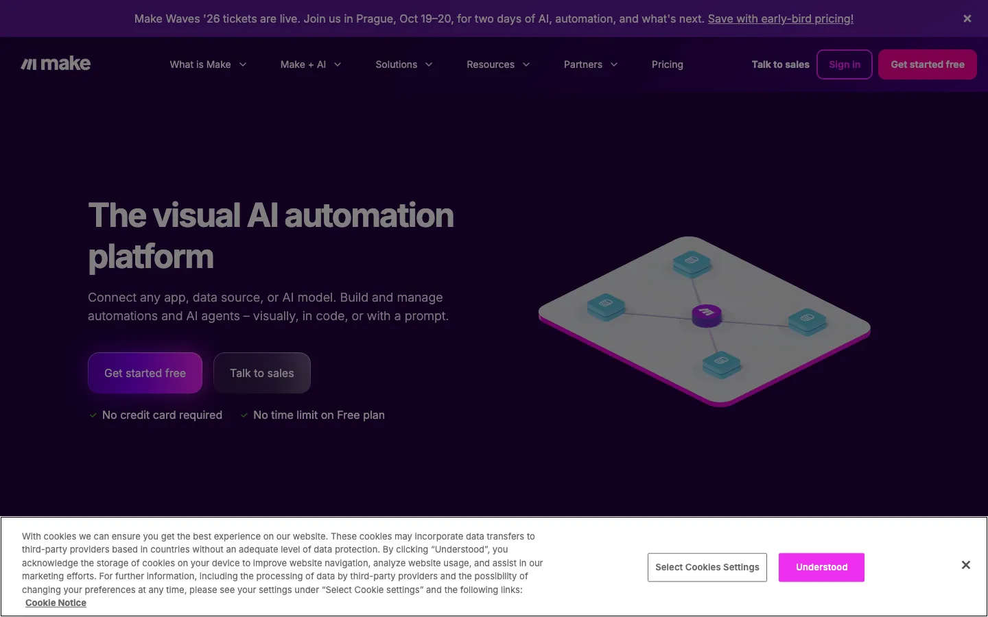 Make visual AI automation platform homepage with scenario builder diagram and dark purple UI