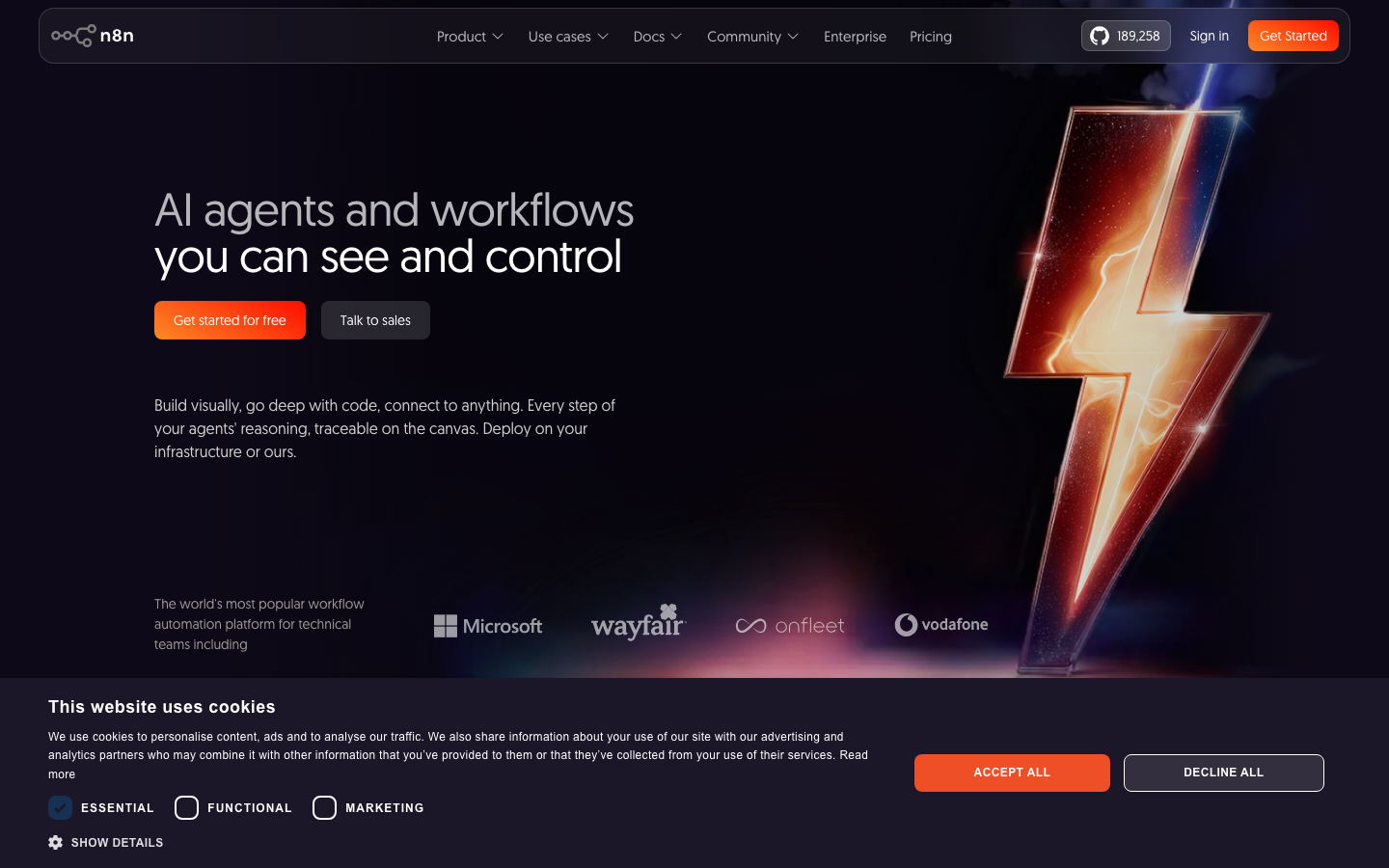 n8n homepage showing AI agents and workflow canvas with dark interface and lightning bolt graphic