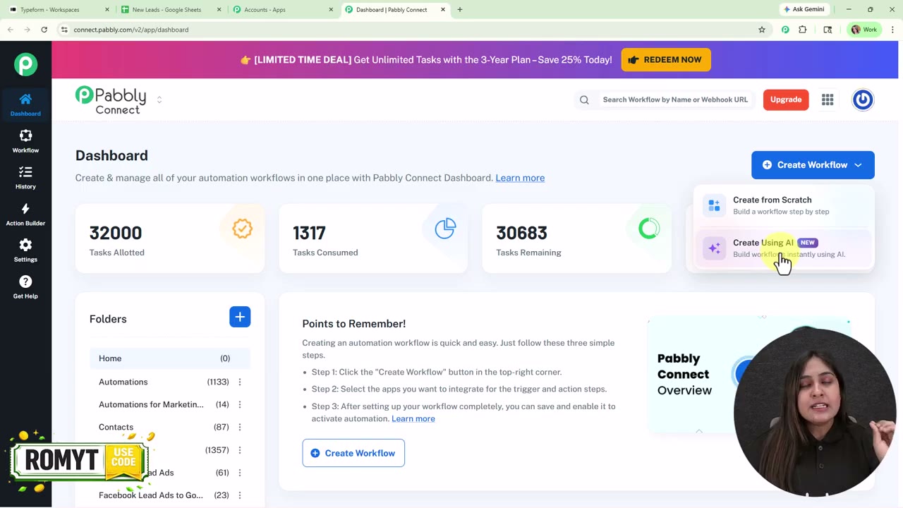 Pabbly Connect workflow editor with trigger and action app tiles connected in a linear sequence