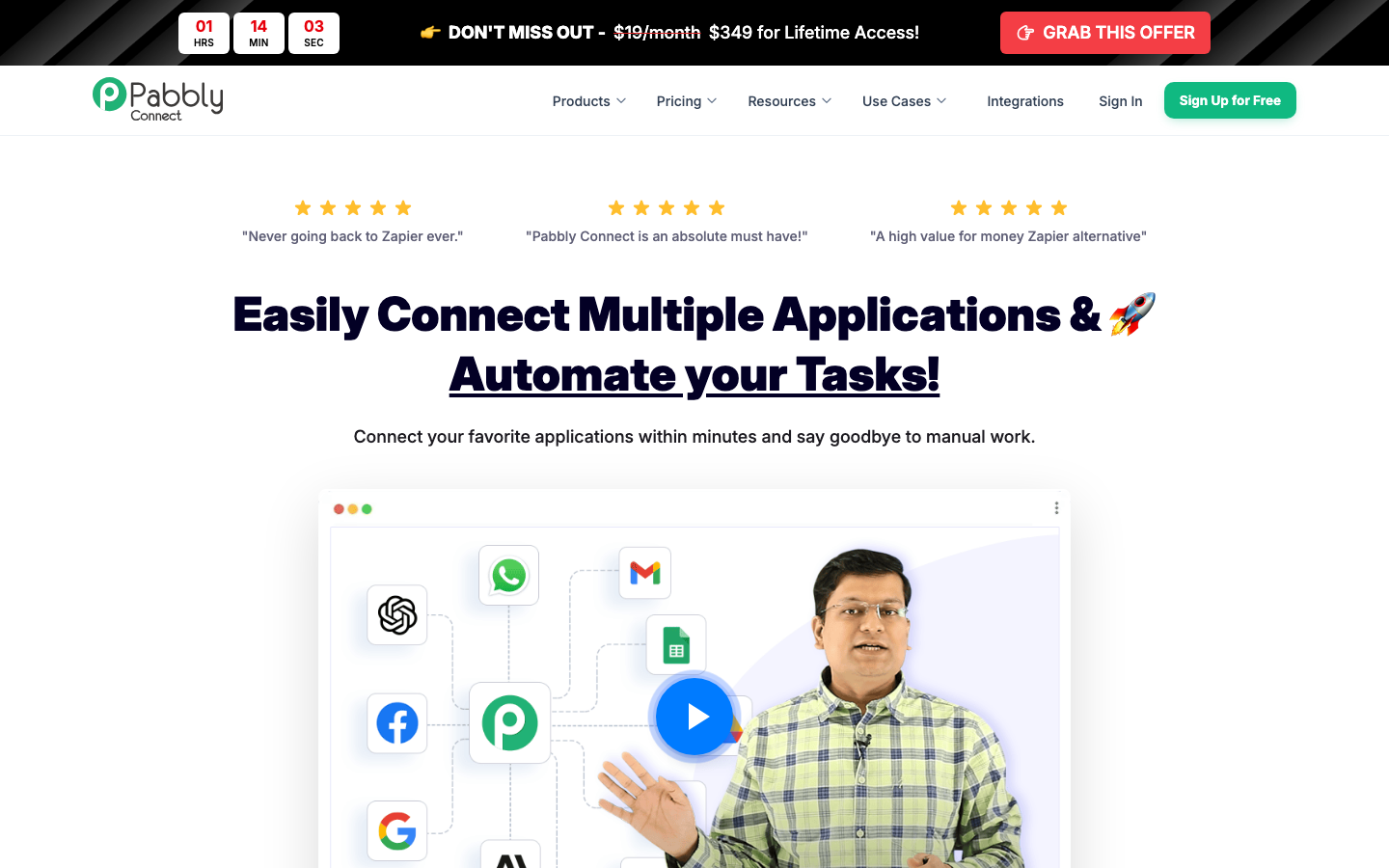 Pabbly Connect homepage showing multi-app automation platform with lifetime deal pricing and integration logos