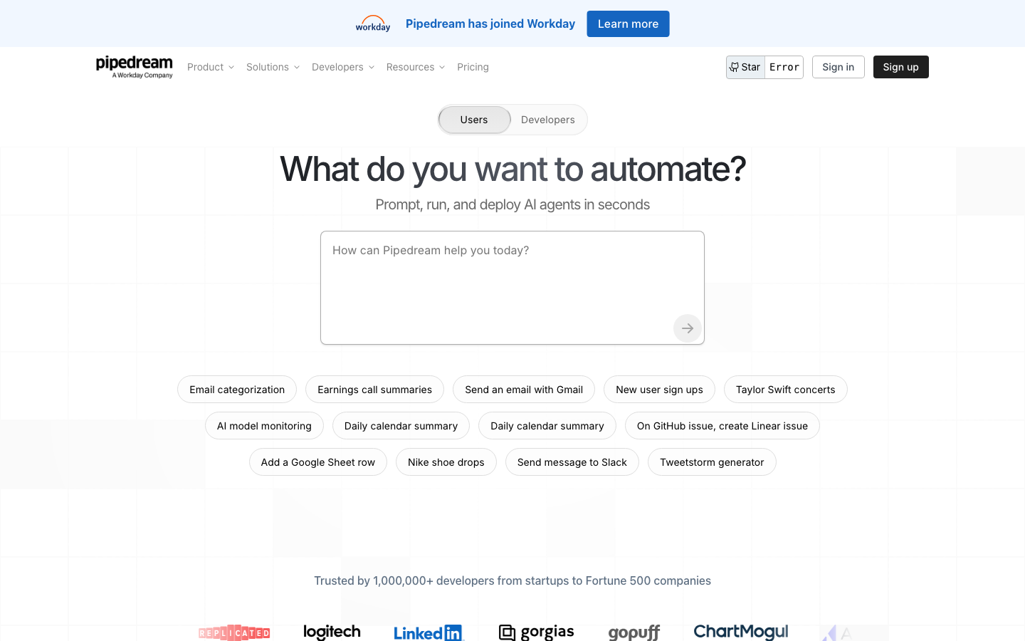 Pipedream homepage showing AI agent automation platform with prompt-to-workflow interface and trusted by 1M+ developers