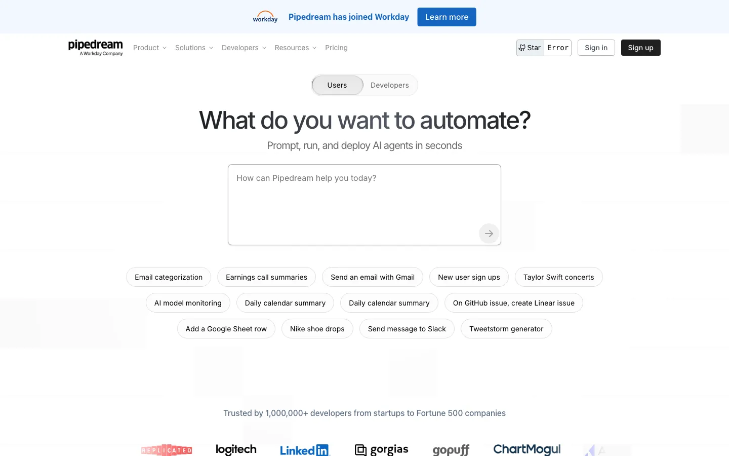 Pipedream homepage showing AI agent automation platform with prompt-to-workflow interface and trusted by 1M+ developers
