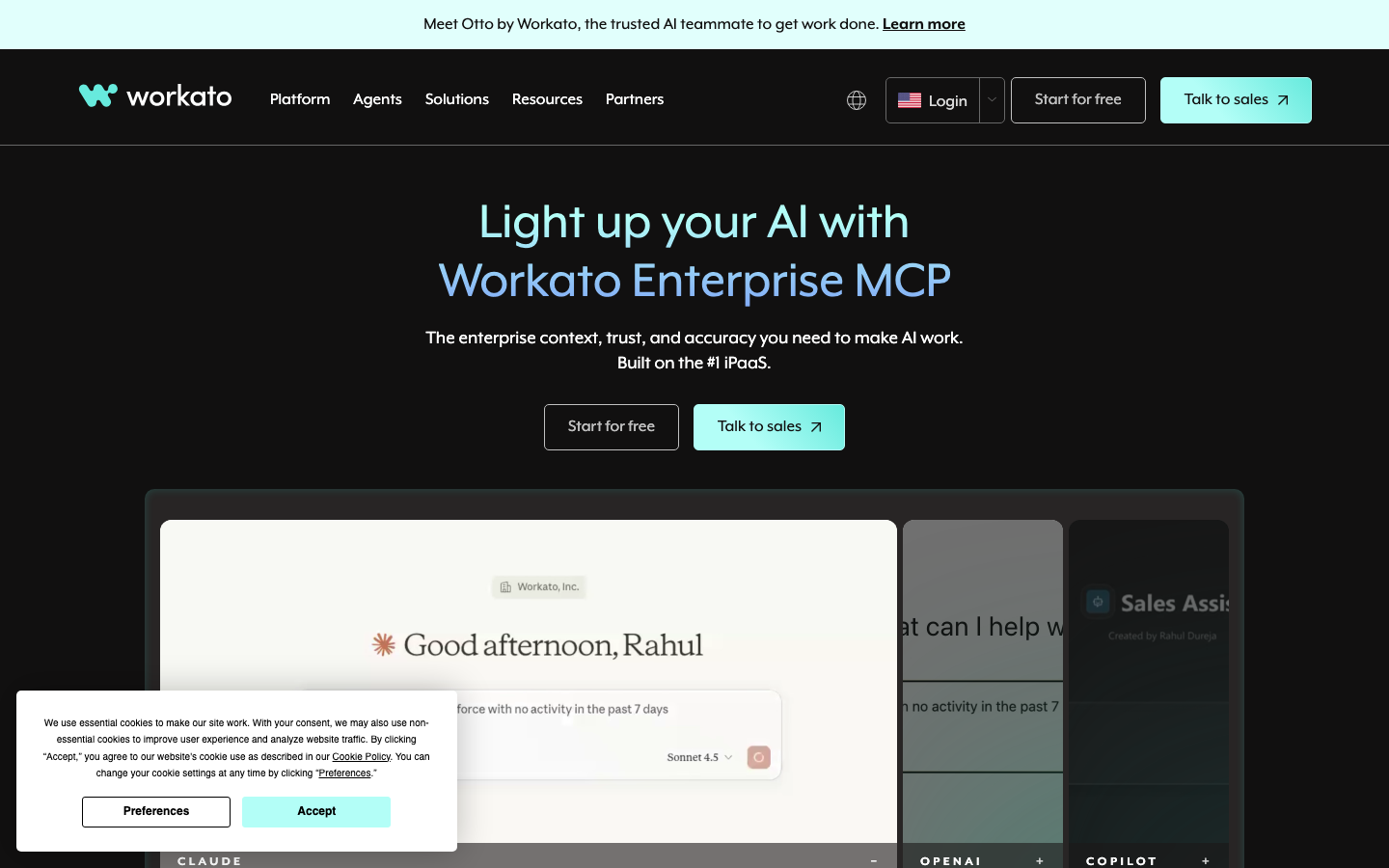 Workato homepage showing Enterprise MCP and AI assistant with automation workspace dashboard