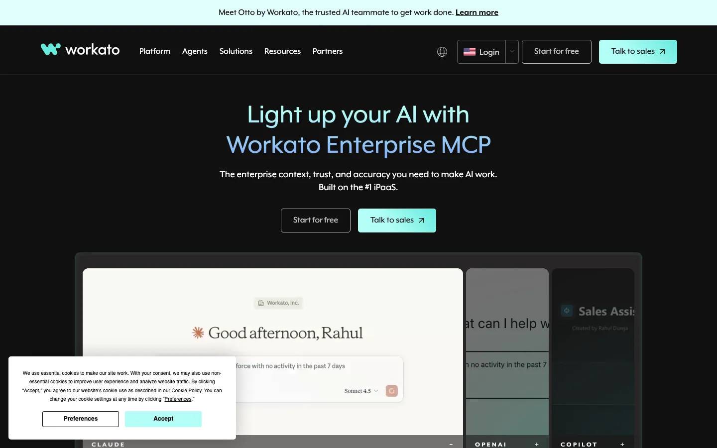 Workato homepage showing Enterprise MCP and AI assistant with automation workspace dashboard