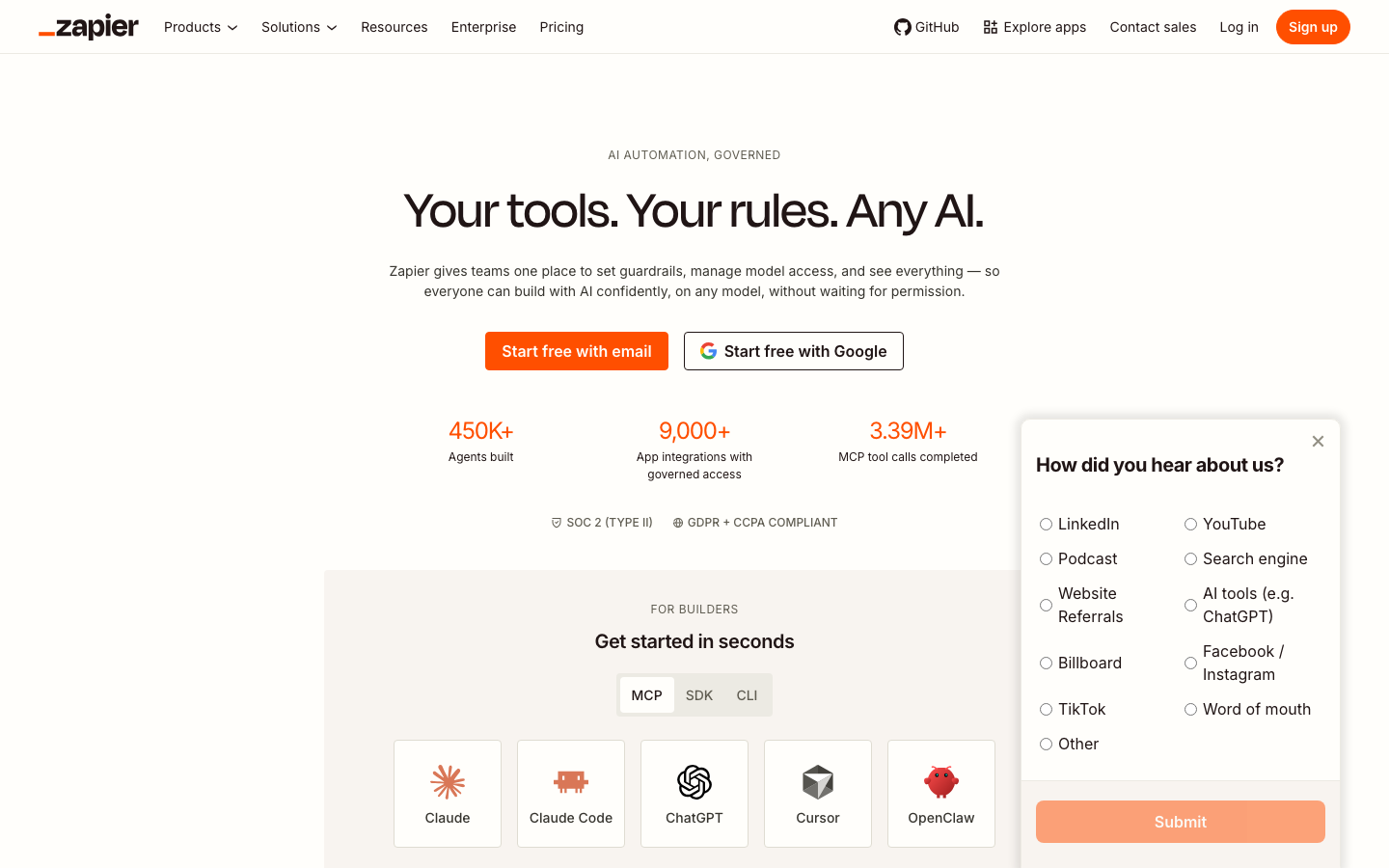 Zapier homepage showing AI automation platform with 9,000+ app integrations and governed access