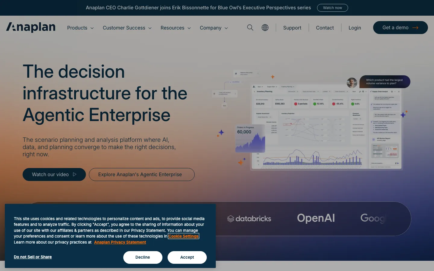 Anaplan agentic enterprise planning platform homepage showing scenario and inventory dashboards