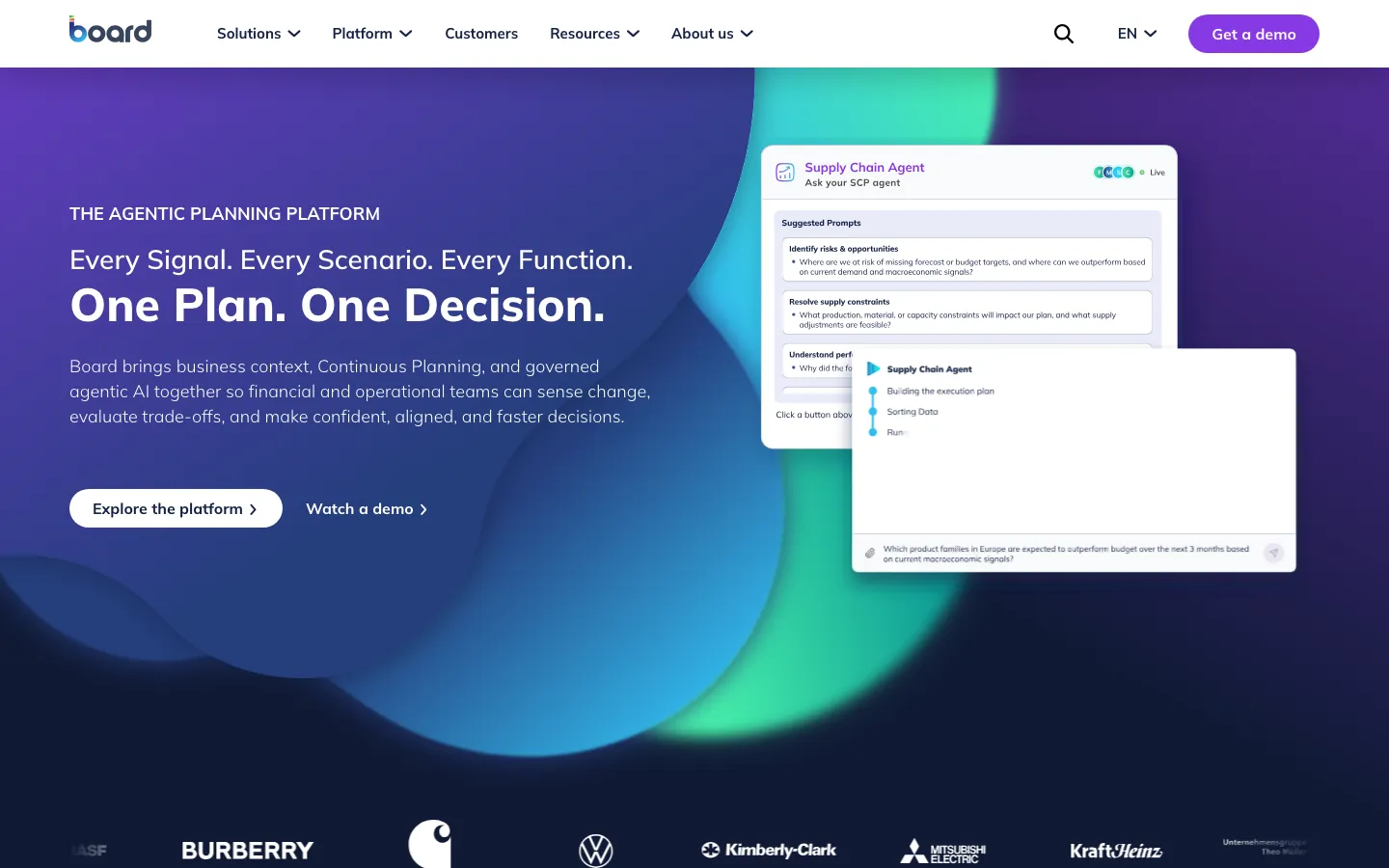 Board agentic planning platform homepage showing a supply chain scenario planning AI agent
