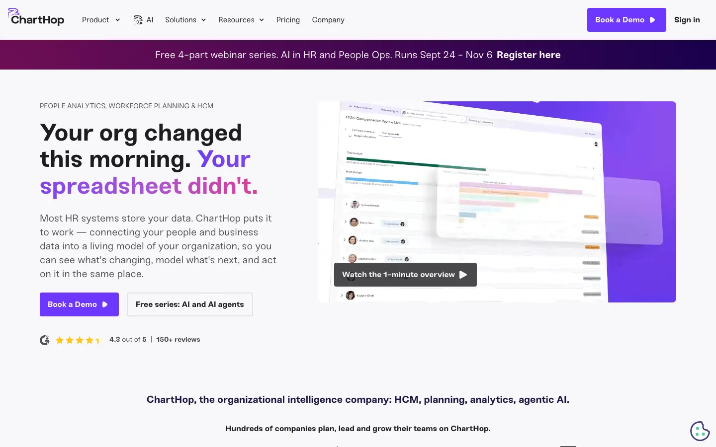 ChartHop people analytics and workforce planning homepage showing a compensation review live view