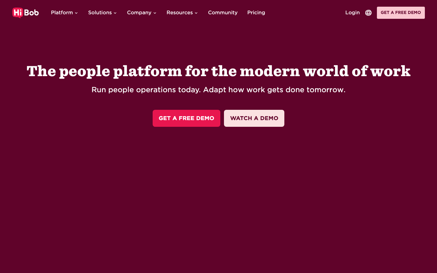 HiBob HRIS homepage showing the all-in-one HR payroll and workforce planning platform