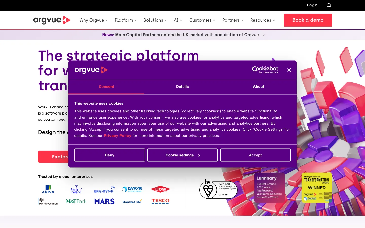Orgvue strategic org design platform homepage showing enterprise customer logos including Tesco and Mars