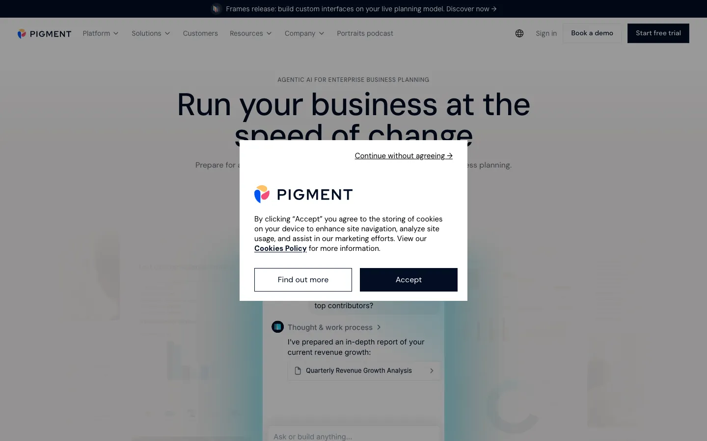Pigment agentic AI business planning platform homepage showing revenue analysis chat interface
