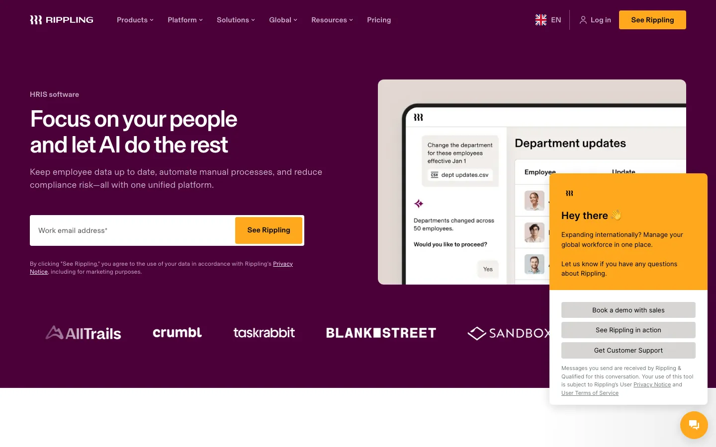 Rippling HRIS homepage showing unified employee data and AI-driven HR automation