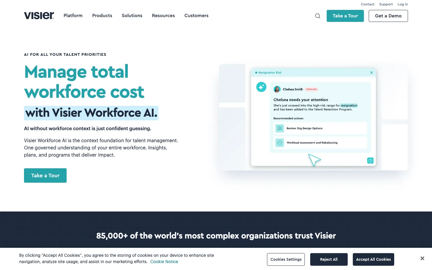 Visier Workforce AI platform homepage showing a resignation risk alert with recommended actions