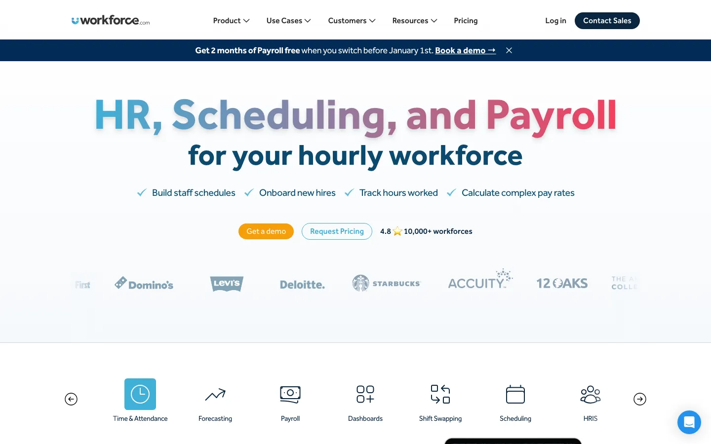 Workforce.com homepage showing HR scheduling and payroll product icons for hourly teams