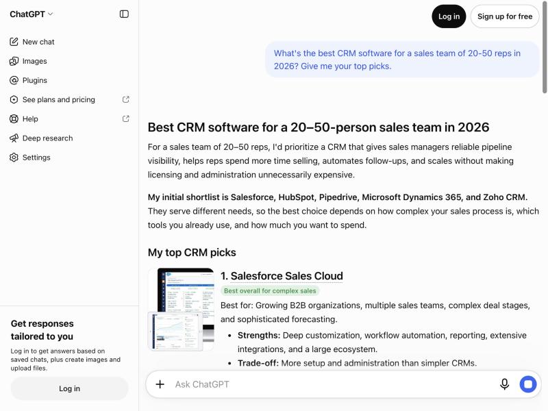 ChatGPT’s answer to what’s the best CRM software for a 20-50 rep sales team in 2026, naming Salesforce, HubSpot, Pipedrive, and Zoho CRM