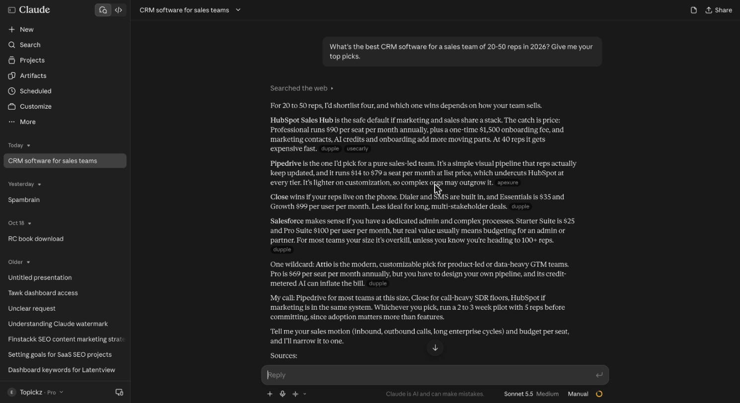 Claude’s answer to what’s the best CRM software for a 20-50 rep sales team in 2026, naming HubSpot, Pipedrive, Close, Salesforce, and Attio