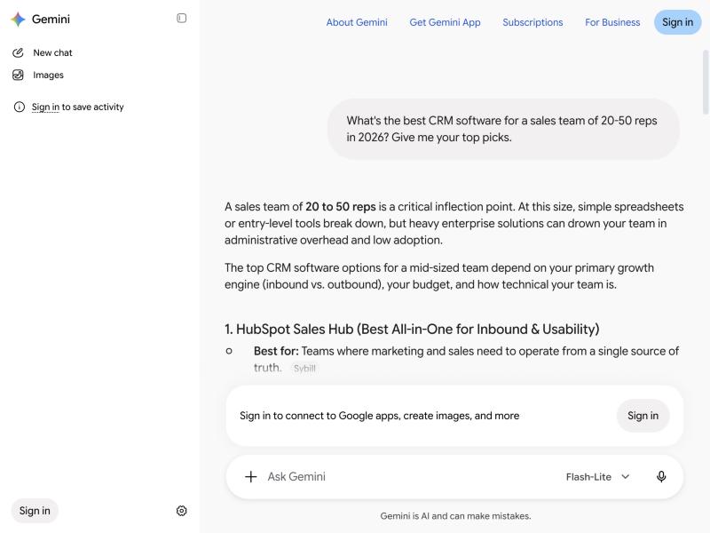 Gemini’s answer to what’s the best CRM software for a 20-50 rep sales team in 2026, naming HubSpot, Salesforce, Pipedrive, and Zoho CRM