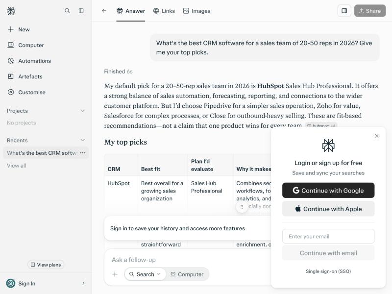 Perplexity’s answer to what’s the best CRM software for a 20-50 rep sales team in 2026, naming HubSpot, Pipedrive, Zoho, Salesforce, and Close